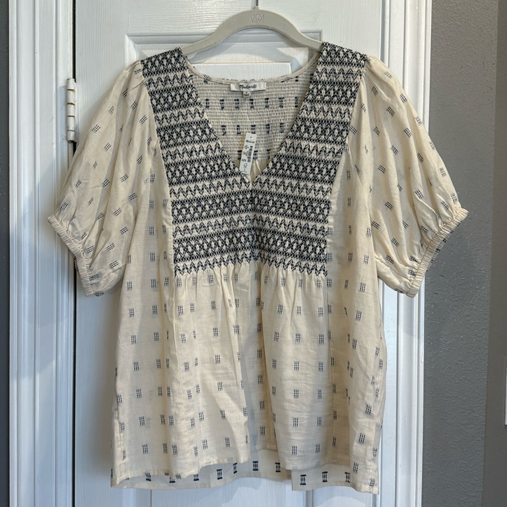 Madewell embroidered-yoke top in ikat swiss dot
Medium